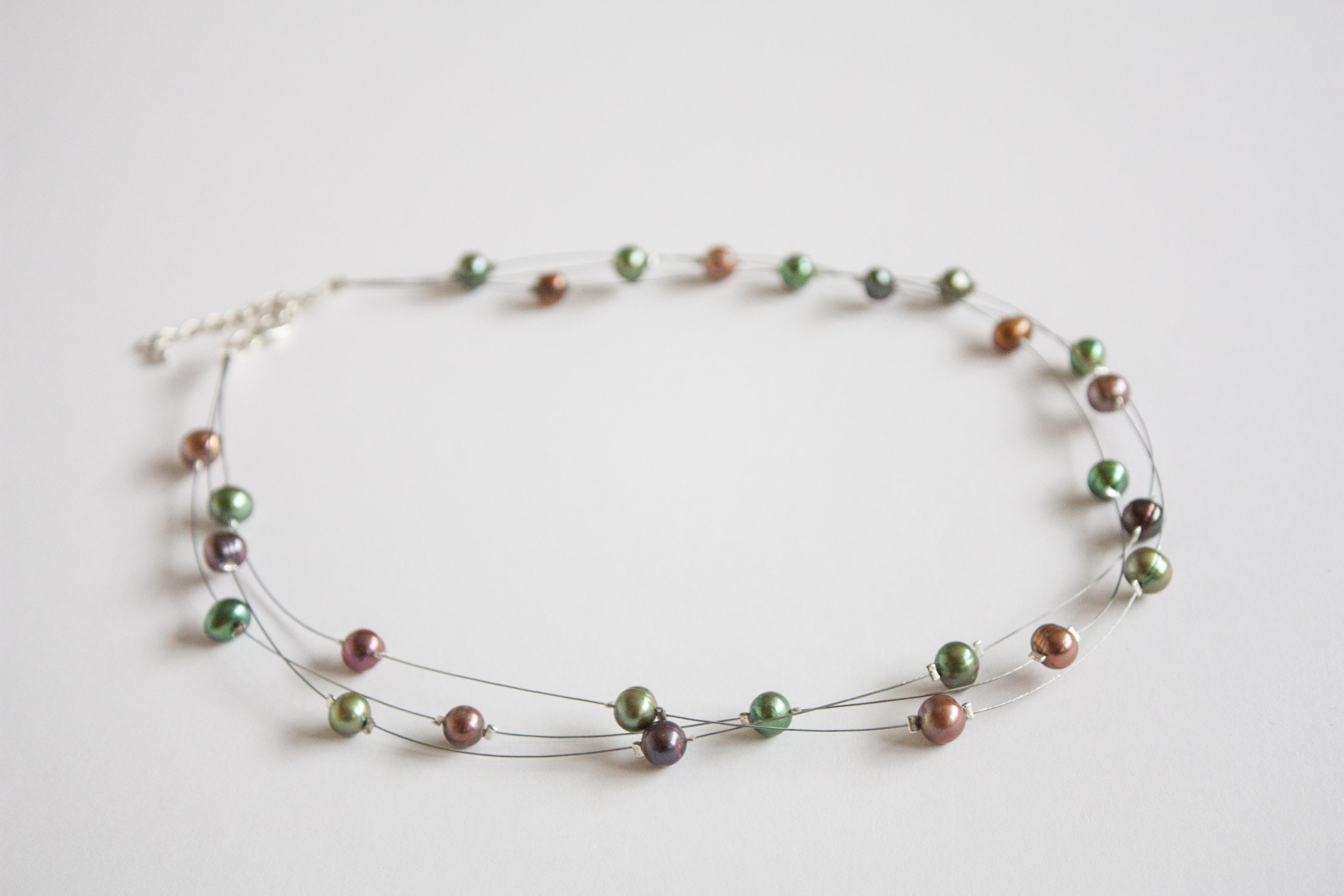 Multistrand Floating Illusion Necklace Green And Brown Freshwater